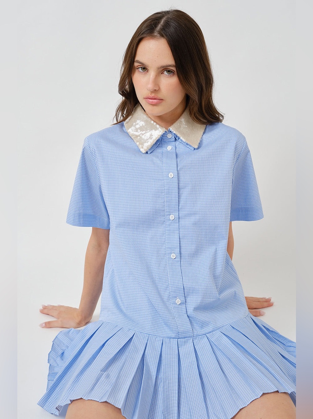 Maude Club Dalton Pleated Mini Shirtdress with in Blue Plaid Size S NWT